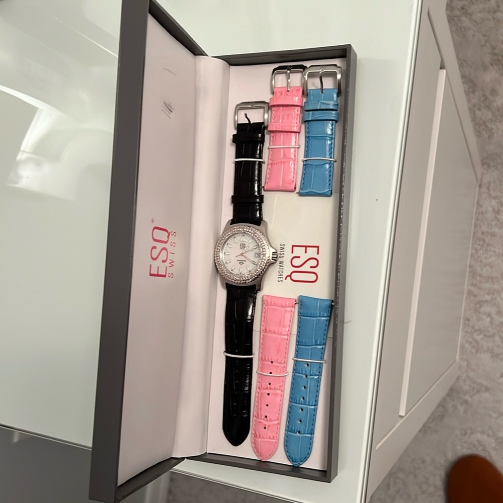 ESQ Swiss ladies watch with interchangeable leather bands.